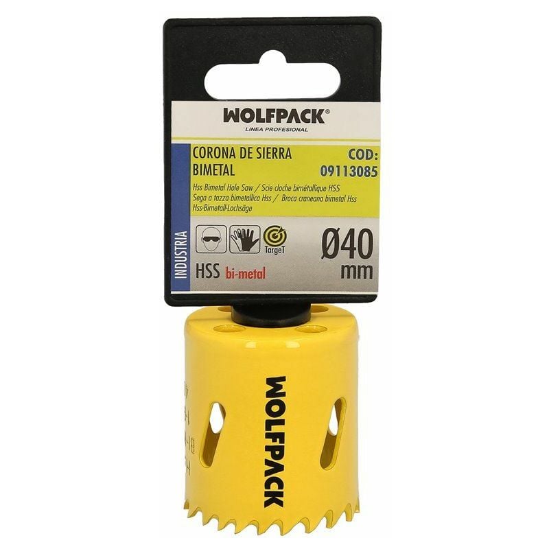 foto del prodotto linea profesional lama bimetallica 40 mm. temprato termicamente, base rinforzata. corona per legno, fori per legno, acciaio, ferro, plastica.
