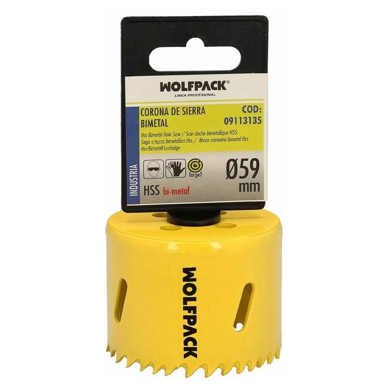 foto del prodotto linea profesional lama bimetallica 59 mm. temprato termicamente, base rinforzata. corona per legno, fori per legno, acciaio, ferro, plastica.
