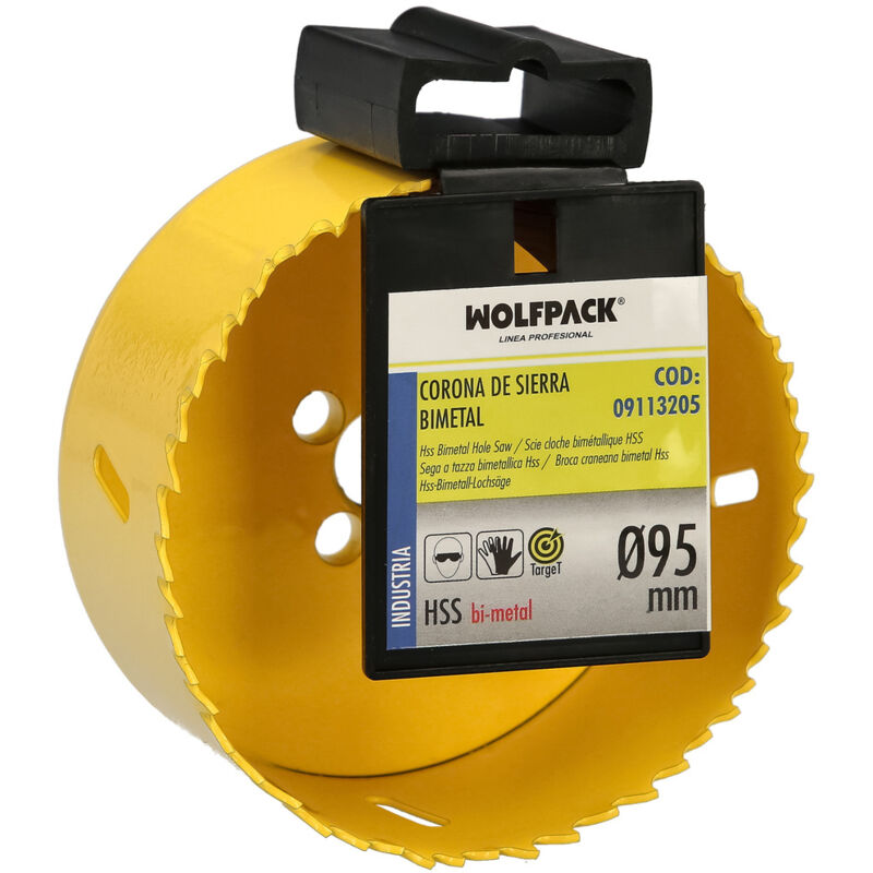 foto del prodotto linea profesional lama bimetallica 95 mm. temprato termicamente, base rinforzata. corona per legno, fori per legno, acciaio, ferro, plastica.