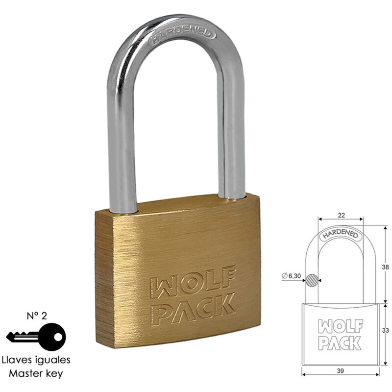 foto del prodotto linea profesional lucchetto in ottone ad arco lungo chiavi uguali 40 mm. n 2 wolfpack