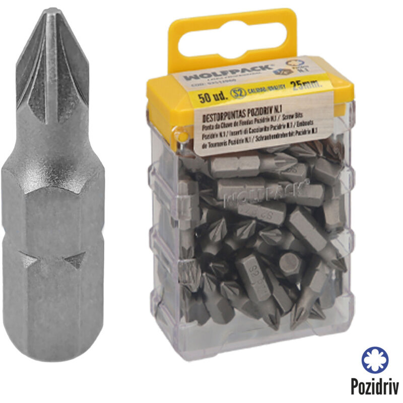 foto del prodotto linea profesional pozidriv screwdriver bits no. 1 50 pezzi . acciaio al cromo vanadio s2. punte esagonali, portapunte, wolfpack