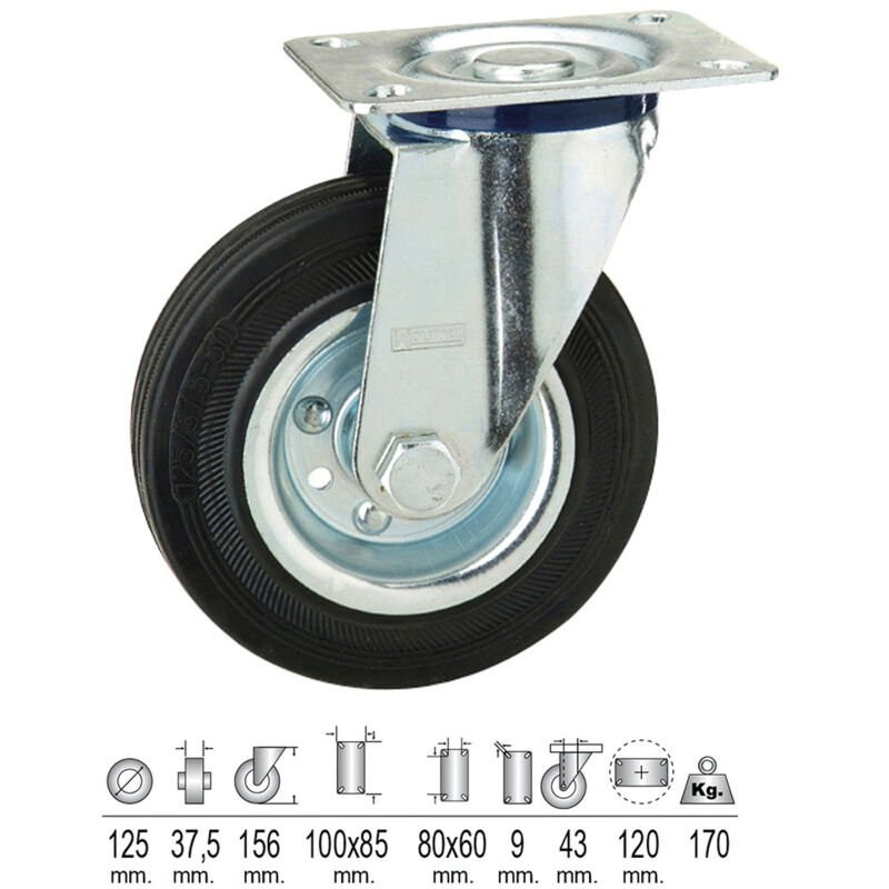 foto del prodotto linea profesional ruota industriale in gomma nera 125 mm. wolfpack