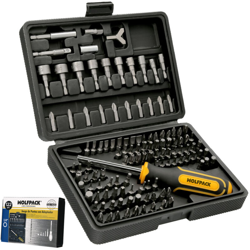 foto del prodotto linea profesional set di bit con cacciavite 1 4 122 pz. con adattatore. cromo vanadio, kit di chiavi combinate, kit di cricchetti, wolfpack