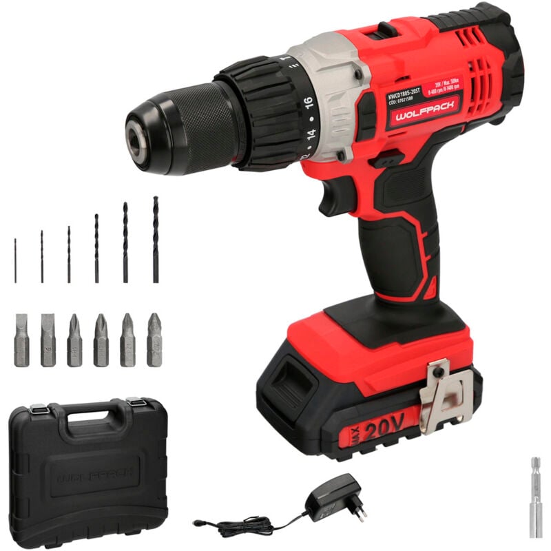 foto del prodotto linea profesional trapano avvitatore 20 v. con 2 velocit e martello. batteria 2 ah. coppia 50 nm. wolfpack