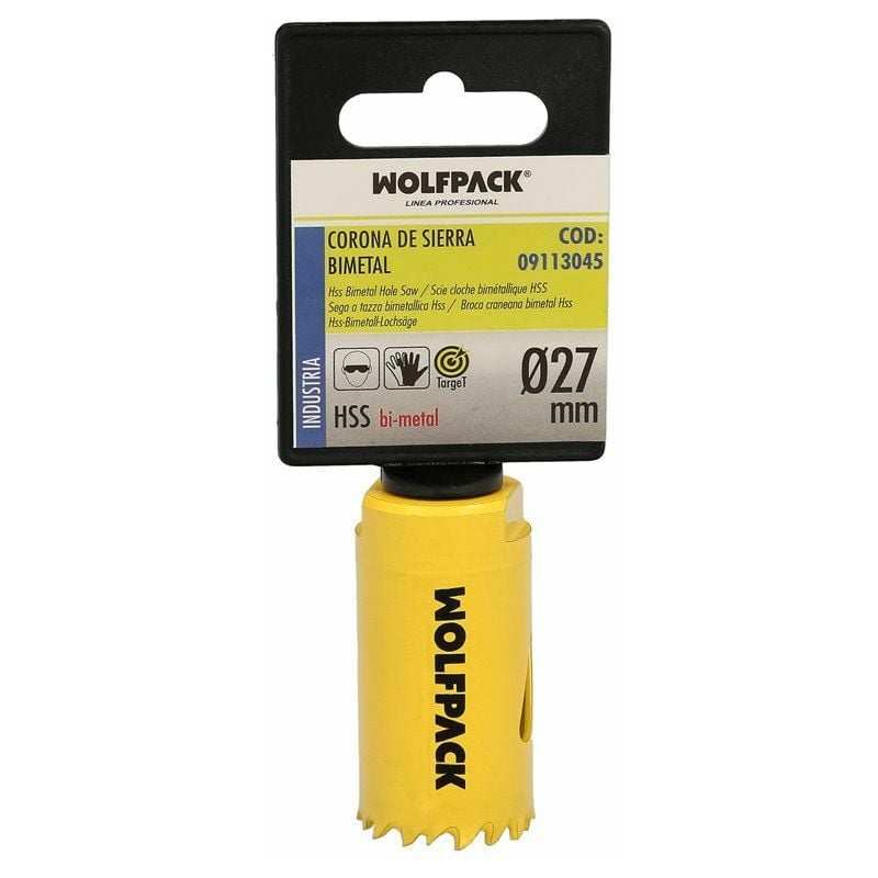 foto del prodotto linea professional lama bimetallica 27 mm. temperato termicamente, base rinforzata. corona per legno, fori per legno, acciaio, ferro, plastica.