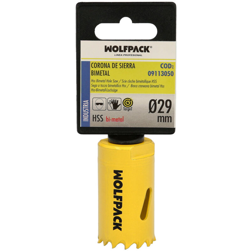 foto del prodotto linea professional lama bimetallica 29 mm. temperato termicamente, base rinforzata. corona per legno, fori per legno, acciaio, ferro, plastica.