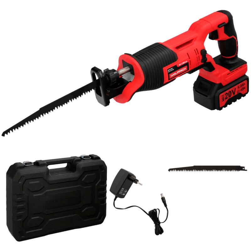 foto del prodotto linea professional sega de sabre 20 v. batteria 4 ah. cambio rapido de lama. legno 100 mm acciaio 6 mm. wolfpack