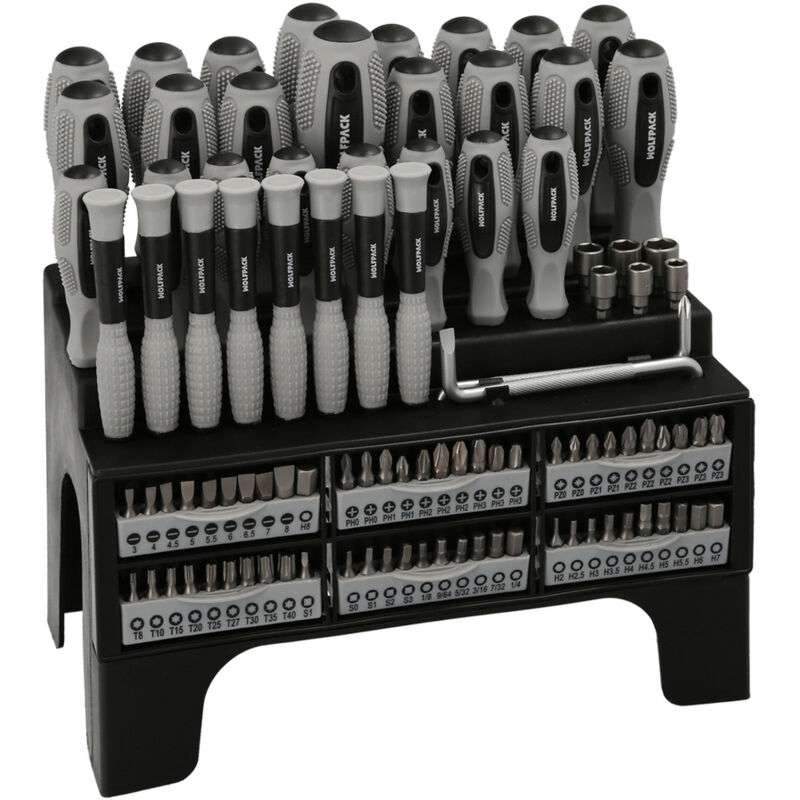 foto del prodotto linea professional set di cacciaviti/cacciavite 100 pezzi con supporto espositivo - wolfpack