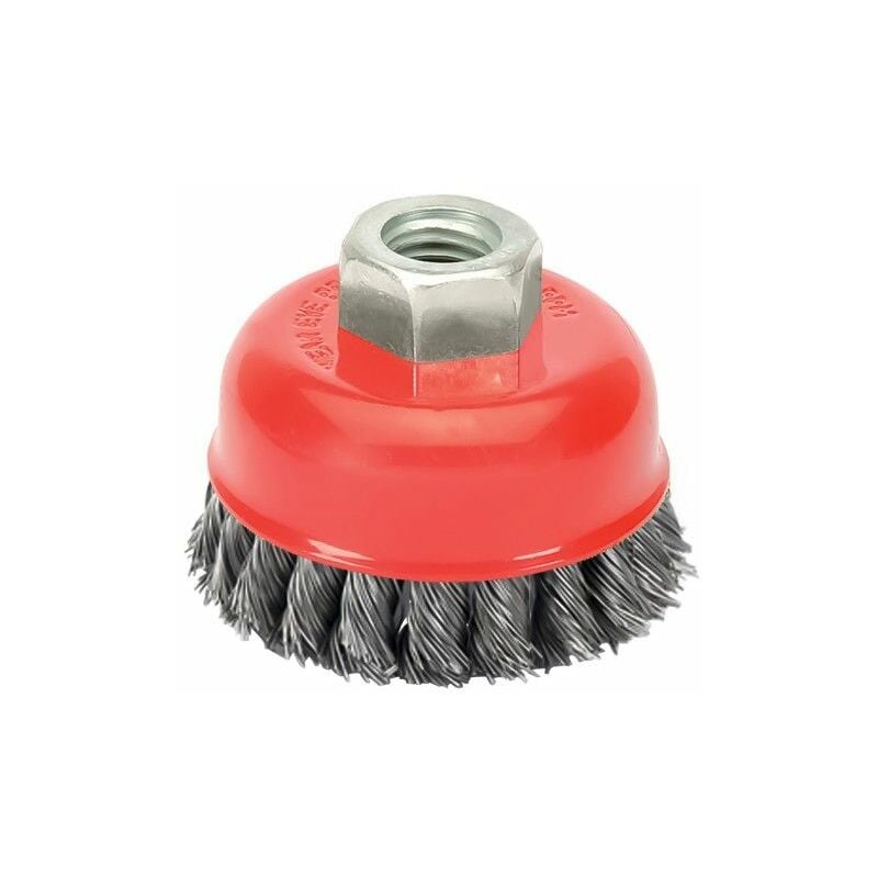 foto del prodotto linea professional spazzola a tazza con filo de acciaio intrecciato filetto m14, 75 mm. filo de 0,50 mm. wolfpack
