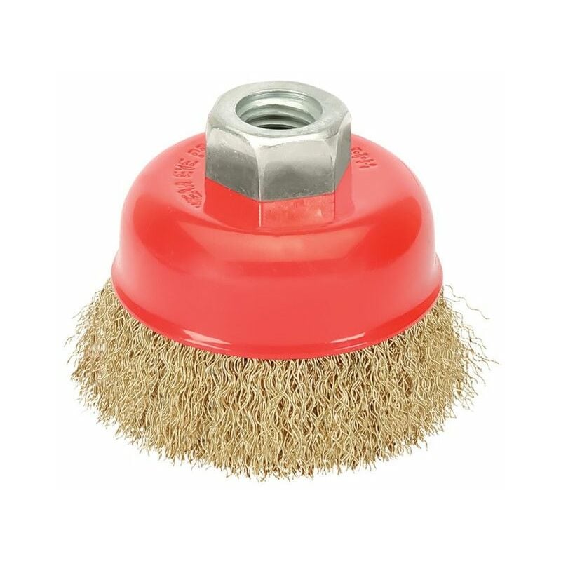 foto del prodotto linea professional spazzola a tazza con filo de acciaio placcato ottone filettatura m14, 100 mm. filo de 0,30 mm. wolfpack