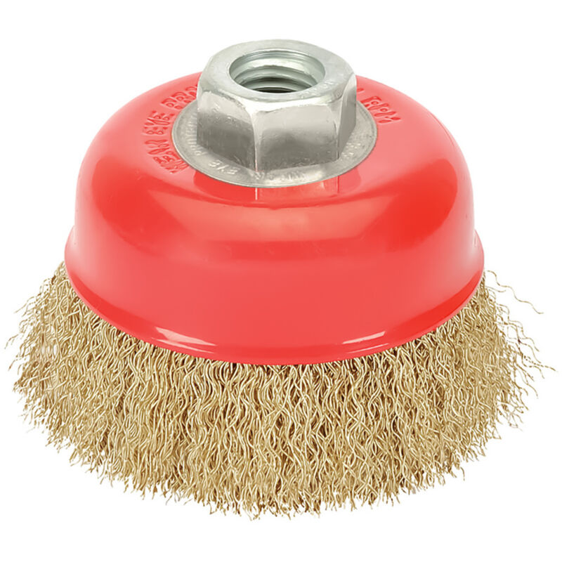 foto del prodotto linea professional - spazzola a tazza con filo de acciaio placcato ottone filettatura m14, 120 mm. filo de 0,30 mm. - wolfpack