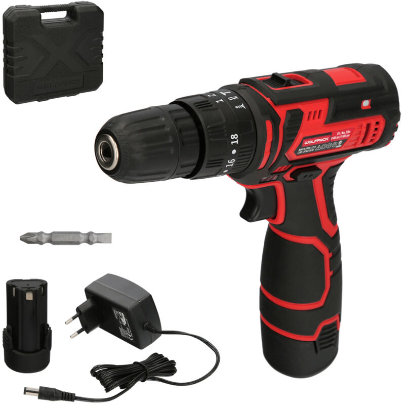 foto del prodotto linea professional trapano avvitatore da 12 v. con 2 velocit e martello. batteria 1.300 mah. coppia 35 nm. wolfpack