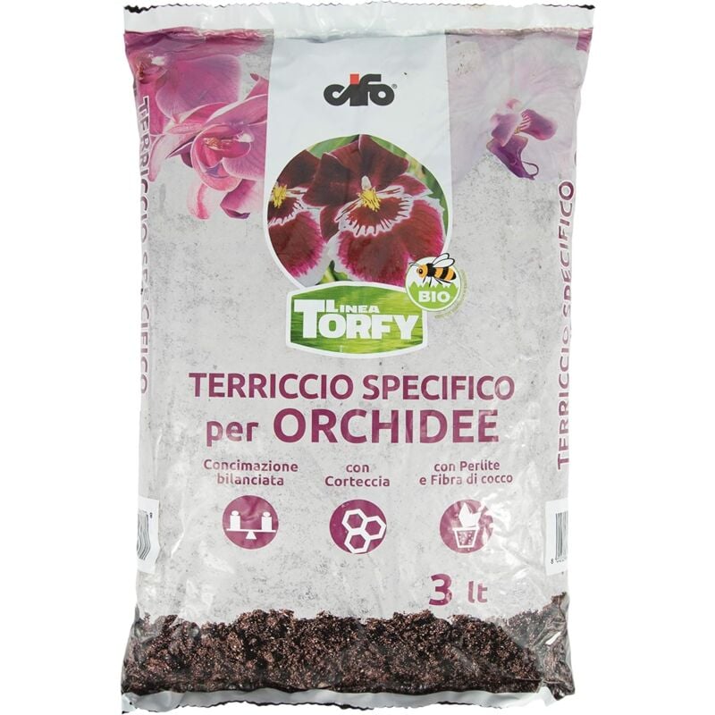 foto del prodotto linea torfy, terriccio specifico per orchidee 3lt, concimazione bilanciata, con corteccia, con perlite e fibra di cocco cifo