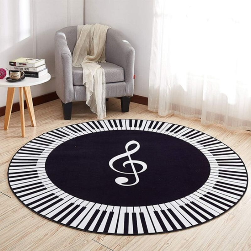 foto del prodotto linjou 120x120cm tappeto moderno per interni super morbido tappeto bianco simbolo musicale tasti del pianoforte tappeto rotondo nero tappeto