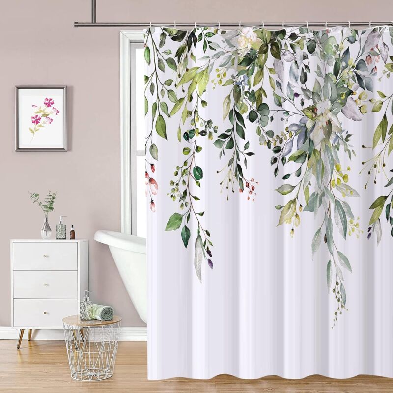 foto del prodotto linjou 150x180 cm tenda da doccia floreale verde con 12 ganci, tenda da doccia impermeabile in polisilicio, lavabile in lavatrice, asciugatura