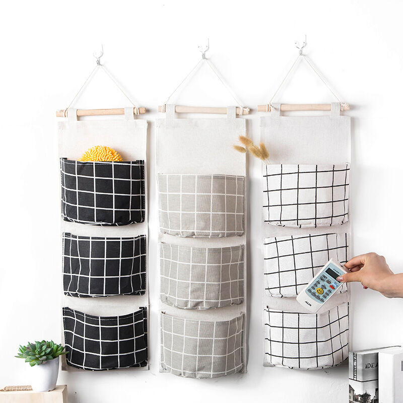 foto del prodotto linjou 3 borse portaoggetti sospese con 3 tasche nero grigio bianco , mensola da parete in tessuto, cestino portaoggetti, organizer per camera da