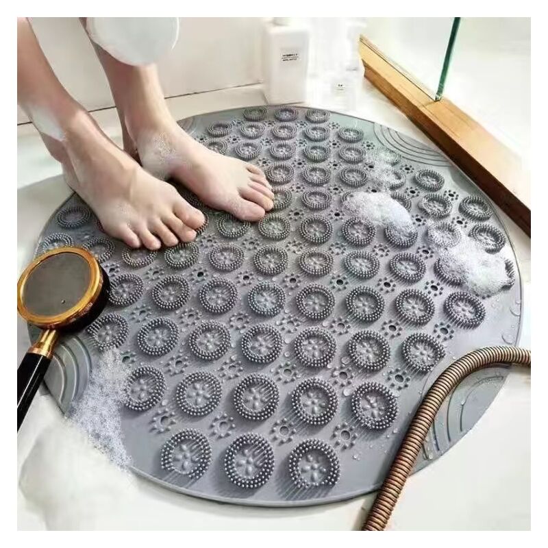 foto del prodotto linjou 55x55cm,grigio tappetino da bagno rotondo in silicone pvc, tappetino massaggiante con ventose idrofobiche, tappetino antiscivolo con ventose