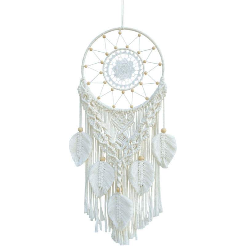 foto del prodotto linjou acchiappasogni macram per camera da letto, decorazione da parete boho appesa con foglie intrecciate, arazzo a foglia in corda di cotone