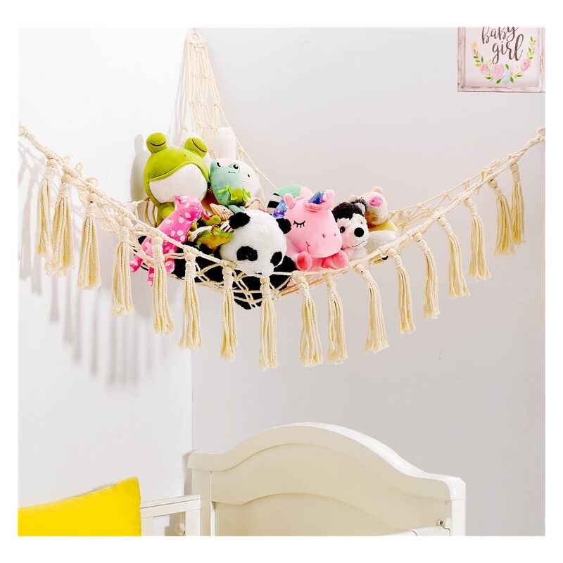 foto del prodotto linjou amaca in macram di peluche con luce, rete per espositore per amaca ad angolo giocattolo per animali sospesi, borsa a rete in corda di