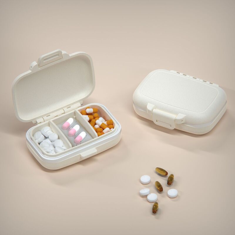 foto del prodotto linjou bianco piccolo portapillole con 3 scomparti, portapillole portatile, portapillole a prova di umidit , portapillole con dispenser di vitamine