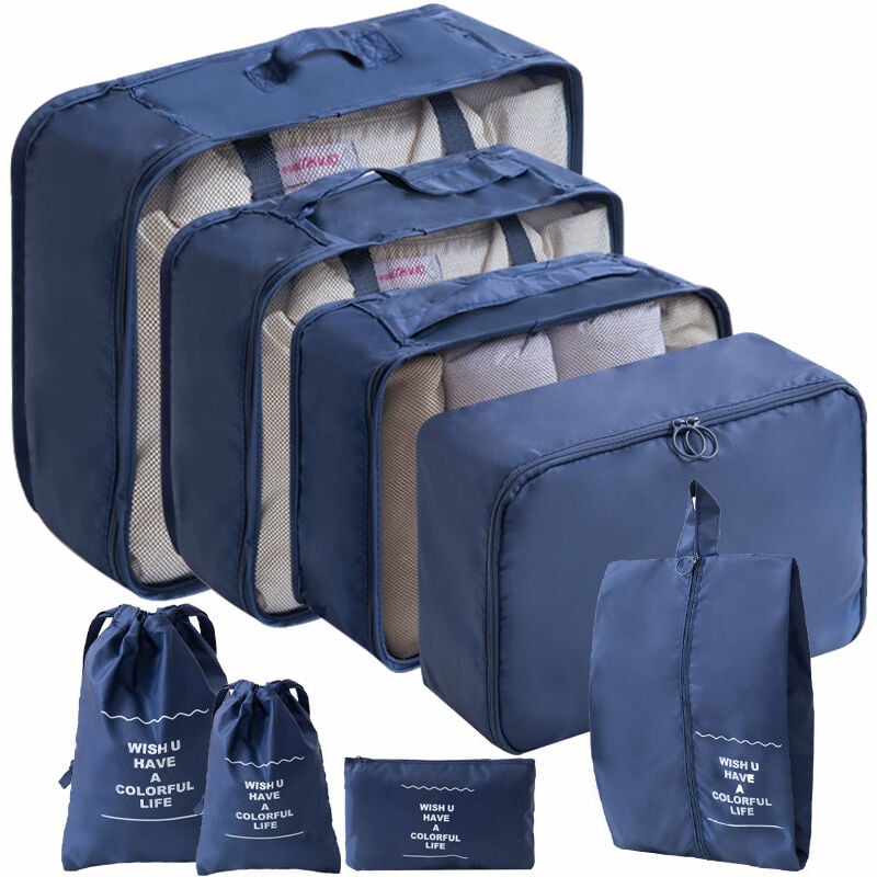 foto del prodotto linjou blu navy 8 borse porta abiti, valigie migliorate, organizer per borse portaoggetti per vestiti asciutti, scarpe, biancheria intima,