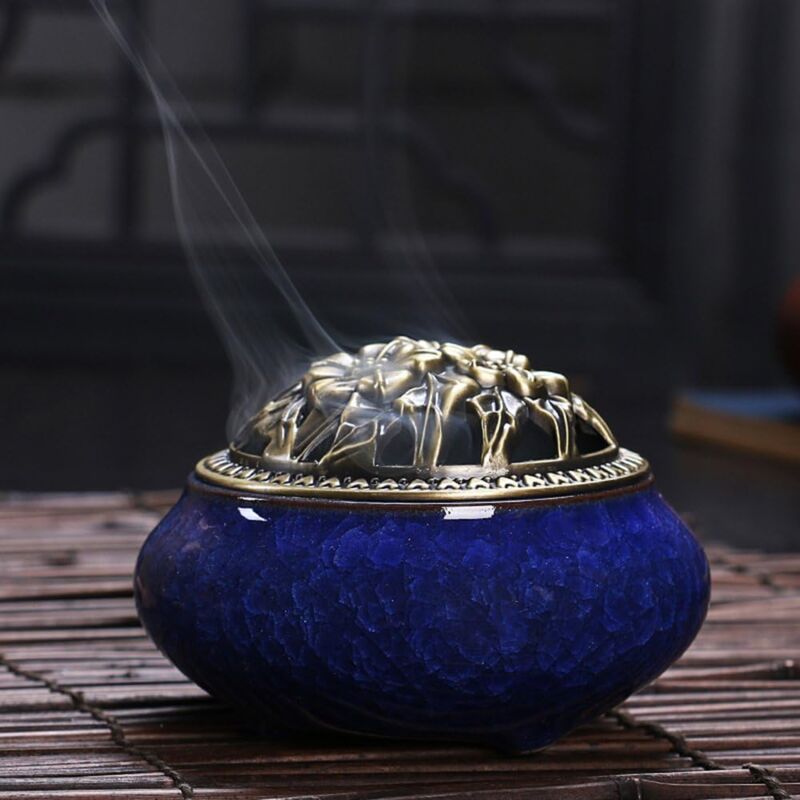 foto del prodotto linjou bruciatore d incenso in ceramica e coperchio, aromaterapia per bastoncini d incenso o coni d incenso, ciotola portacenere a spirale,