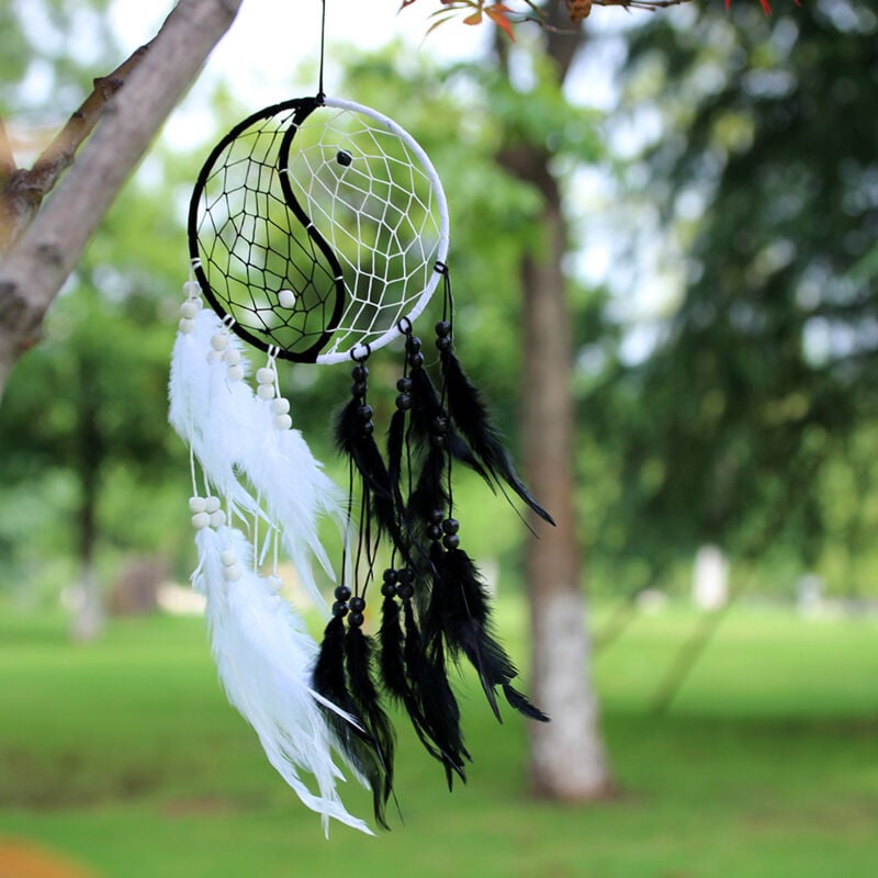 foto del prodotto linjou circolare in rete manuale catcher dream yin con perline di piume per la decorazione ornamento appeso auto muro craft regalo, bianco e nero