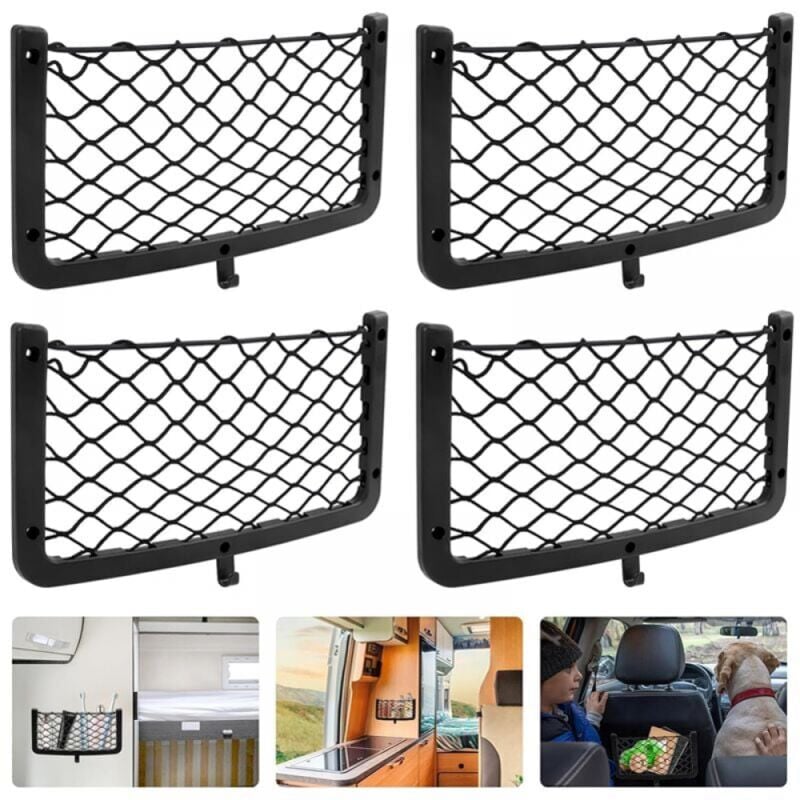 foto del prodotto linjou confezione da 4 reti portaoggetti per auto, reti portaoggetti per bagagliaio, reti per bagagliaio, con viti, gancio, borsa organizer