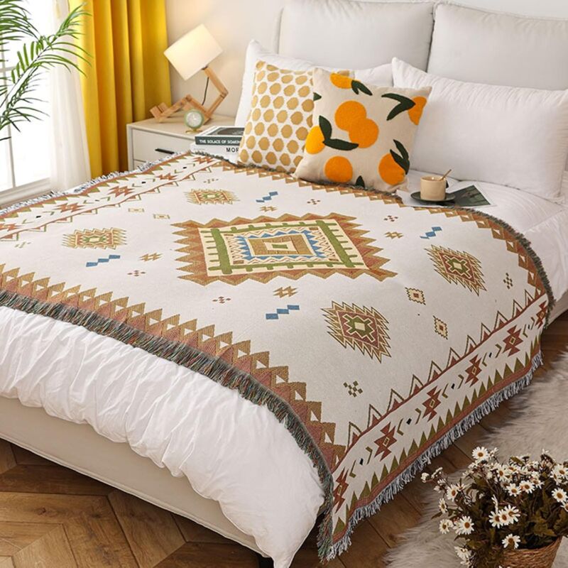 foto del prodotto linjou coperta in cotone a trama doppia con frange stile etnico boh mien motivo geometrico divano letto poltrona campeggio arazzo tovaglia tappeto