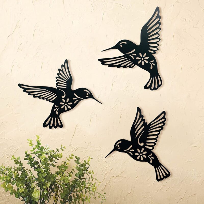 foto del prodotto linjou decorazione murale in metallo a forma di colibr , set di 3 decorazioni nere da appendere per il soggiorno, la camera da letto, il bagno, la