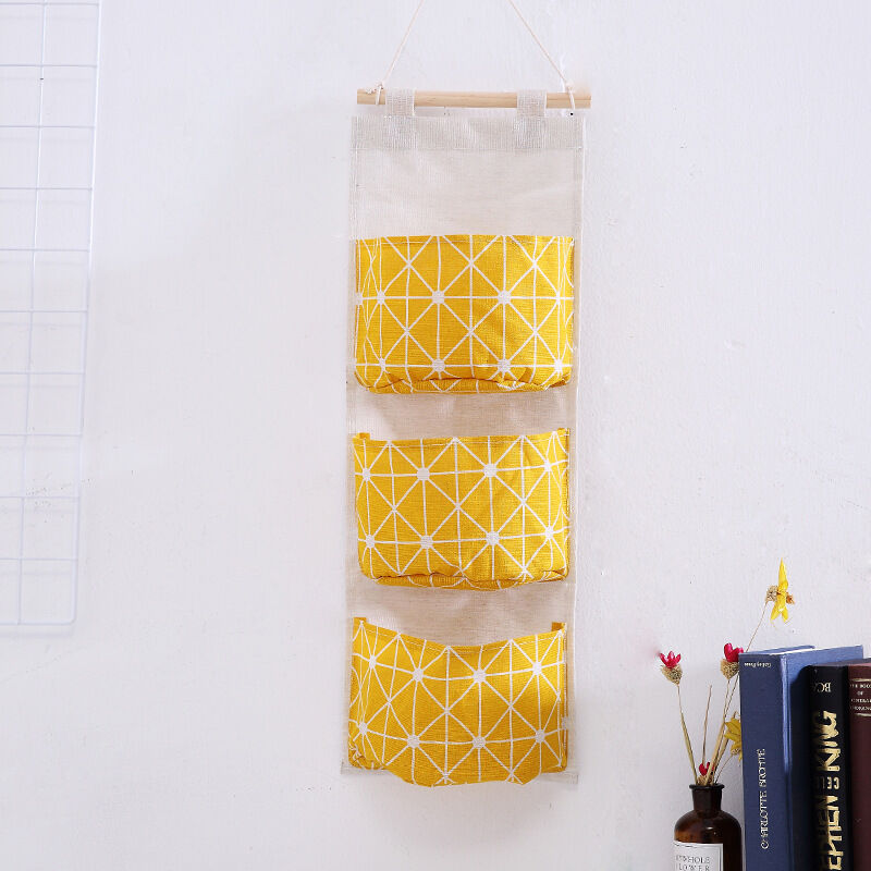 foto del prodotto linjou giallo ripiano portaoggetti, 3 scomparti in cotone, axl 60,5x21 cm, bagno, ingresso, ufficio, montaggio a parete, tessuto, custodia dietro