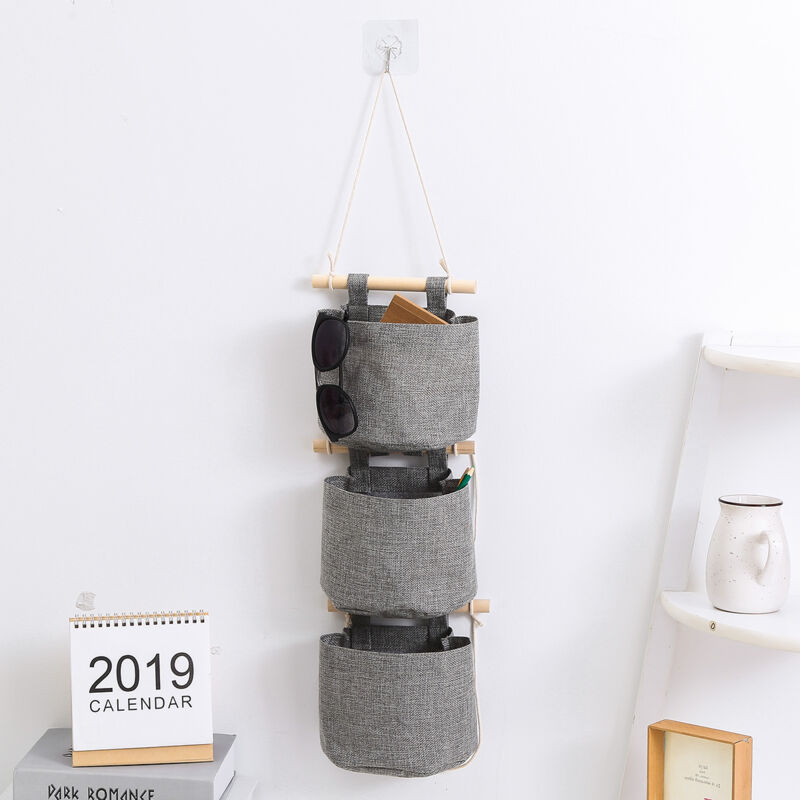 foto del prodotto linjou grigio borsa portaoggetti da appendere con tasche borsa portaoggetti da appendere in tessuto di cotone e lino a 3 strati, organizer per
