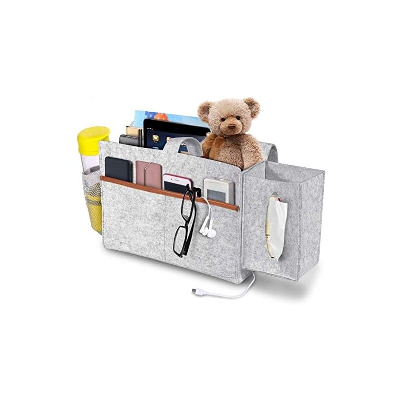 foto del prodotto linjou grigio chiaro, borsa da comodino, organizer per letto, tasche grigio scuro, organizer da appendere per tablet, libri, fazzoletti, bottiglie,