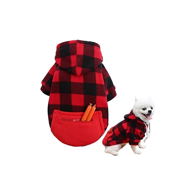 foto del prodotto linjou m red plaid dog hoodie pet sweatshirt fleece sweater with hat and pocket for medium dogs cat puppy clothes coat warm and soft red