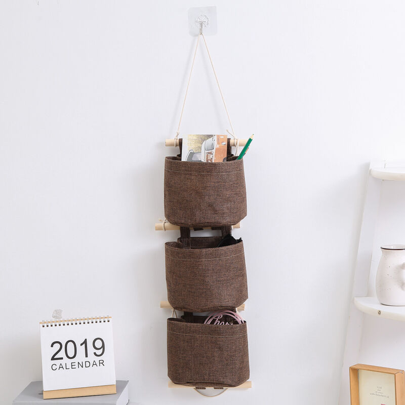 foto del prodotto linjou marrone borsa portaoggetti da appendere con tasche borsa portaoggetti da appendere in tessuto di cotone e lino a 3 strati, organizer per