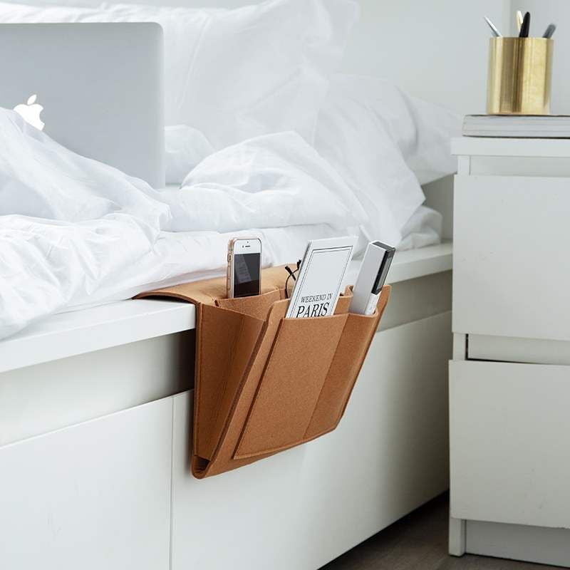 foto del prodotto linjou marrone borsa portaoggetti per divano letto vuota, tasca in feltro, organizer per comodino, braccioli per divano, comodino, copertura per