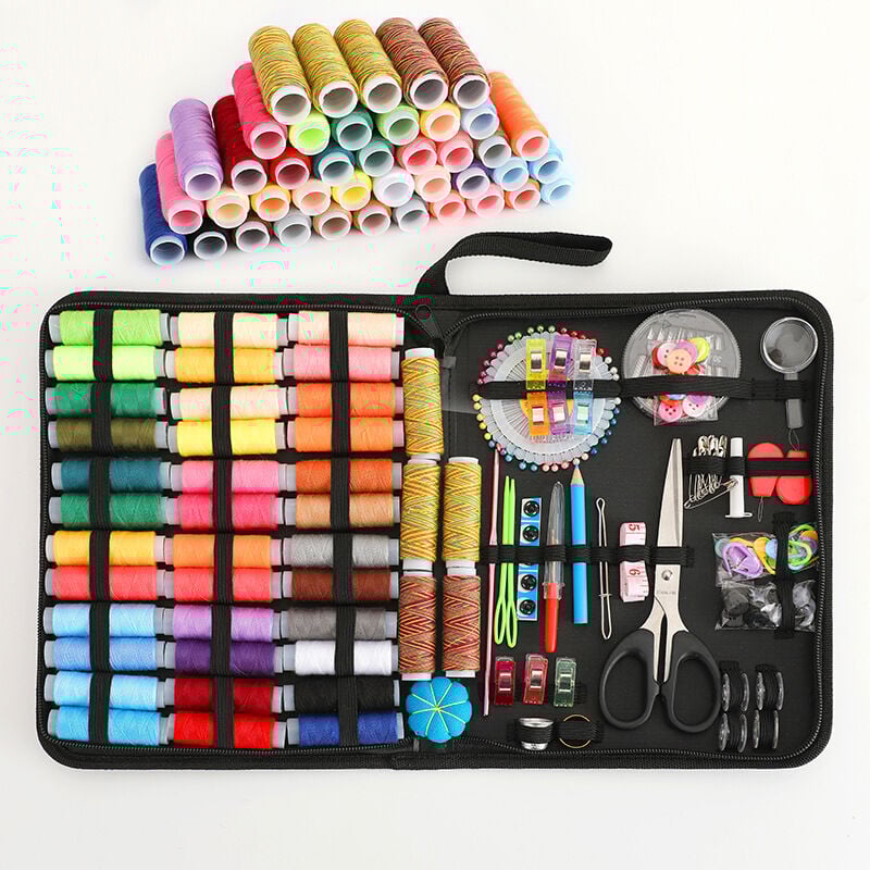 foto del prodotto linjou nero kit da cucito portatile set di scatole da cucito multifunzionali per la casa, strumenti per cucire a mano, scatola da cucito da viaggio