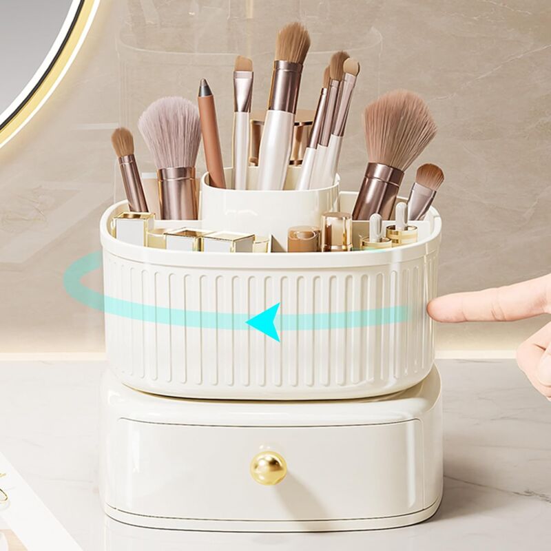 foto del prodotto linjou organizzatore di cosmetici, organizzatore di pennelli rotante a 360 con cassetto, supporto per cosmetici, organizzatore per toletta,