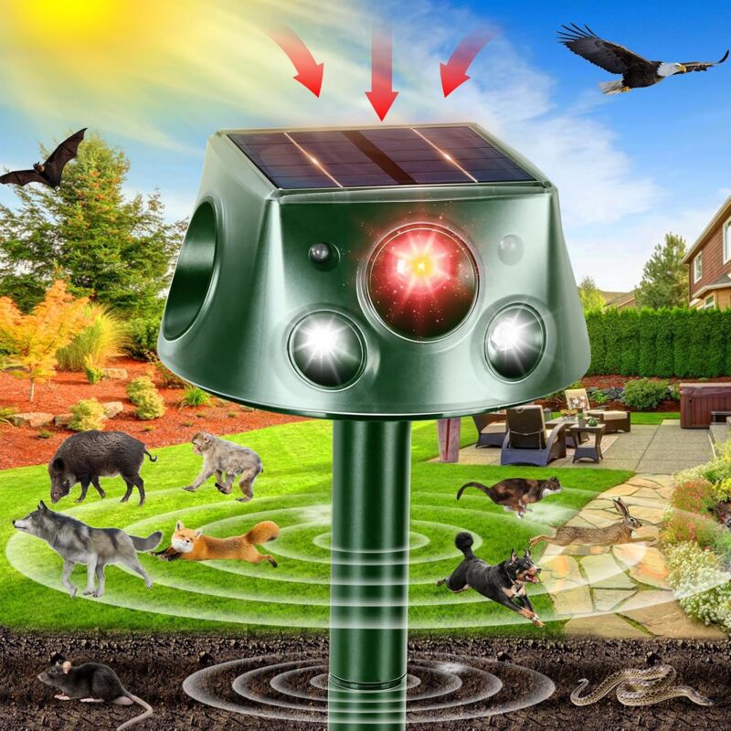 foto del prodotto linjou repellente per gatti da esterno, repellente per gatti ad ultrasuoni, 6 modalit regolabili, ricarica solare e usb ip66 impermeabile con luce