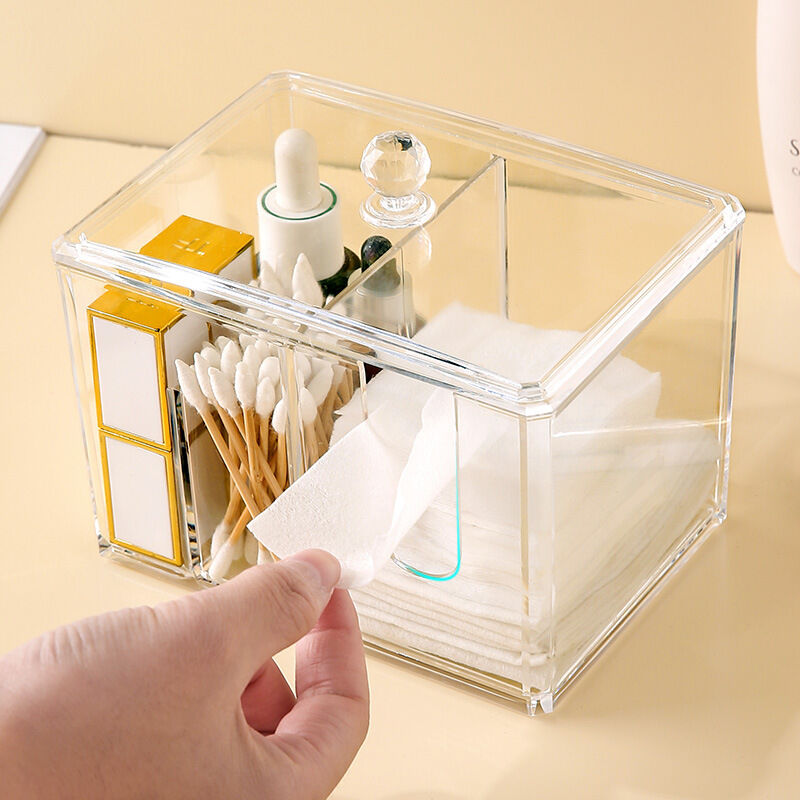 foto del prodotto linjou scatola per assorbenti in acrilico con coperchio, dispenser per assorbenti a 4 scomparti, porta assorbenti rettangolare, contenitore per