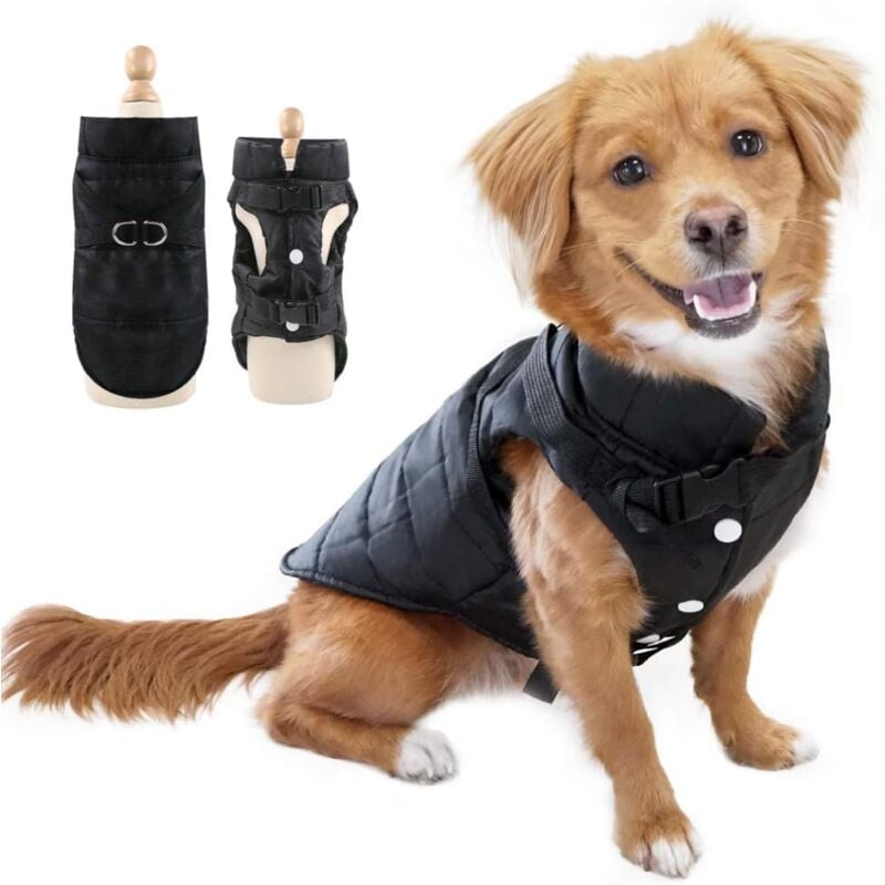 foto del prodotto linjou schiena 30 cm petto 40 cm cappotto invernale nero per cani impermeabile e caldo con foro per il guinzaglio, set di giubbotti per