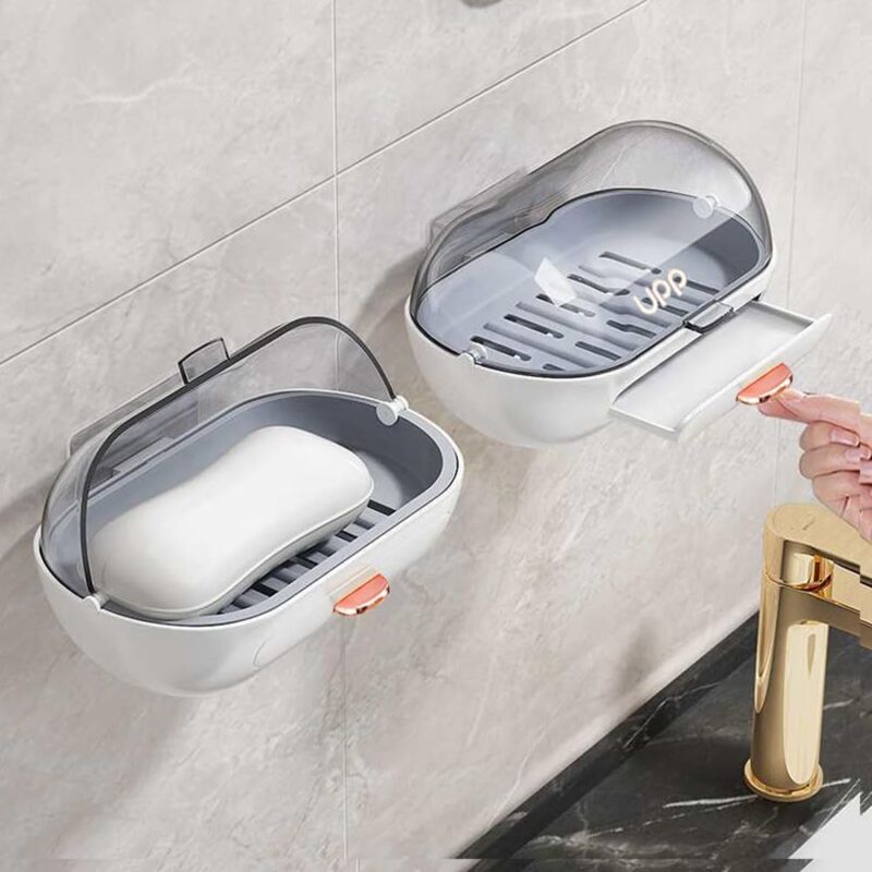 foto del prodotto linjou set di 2 portasapone con coperchio, portasapone a parete, portasapone a parete per doccia, bagno, vasca, lavello della cucina, adesivo