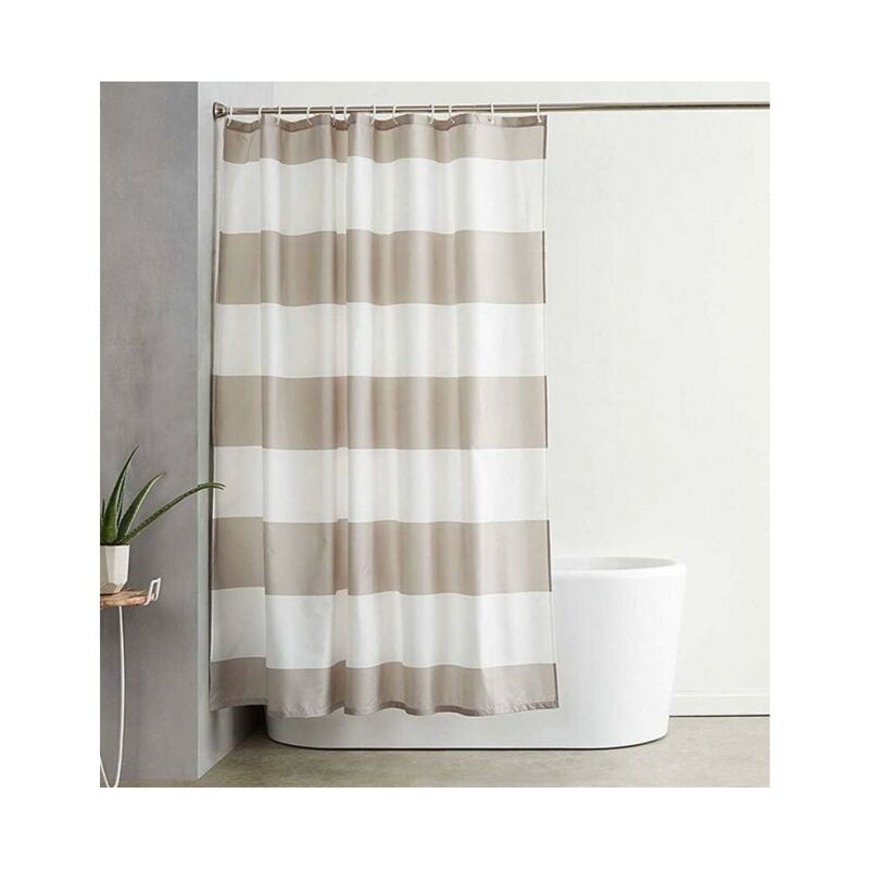 foto del prodotto linjou tenda da doccia a strisce color talpa con tenda in tessuto beige impermeabile e resistente alla muffa per bagno, 72 x 72 180x180 cm 