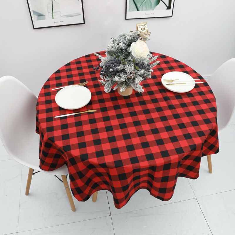 foto del prodotto linjou tovaglia, tovaglia scozzese rotonda da 100 cm per tavolo da ricevimento di nozze, cucina, sala da pranzo, rosso e nero, tovagliette runner
