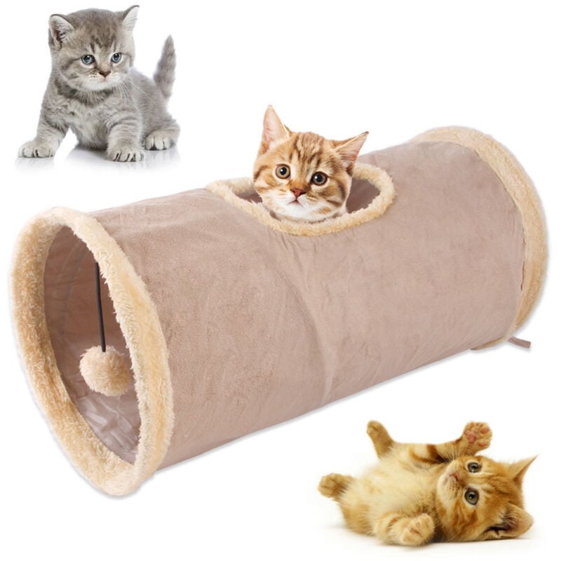 foto del prodotto linjou tunnel per gatti pieghevole, tunnel da gioco per gatti, tunnel da gioco in pelle scamosciata resistente con palla color kaki