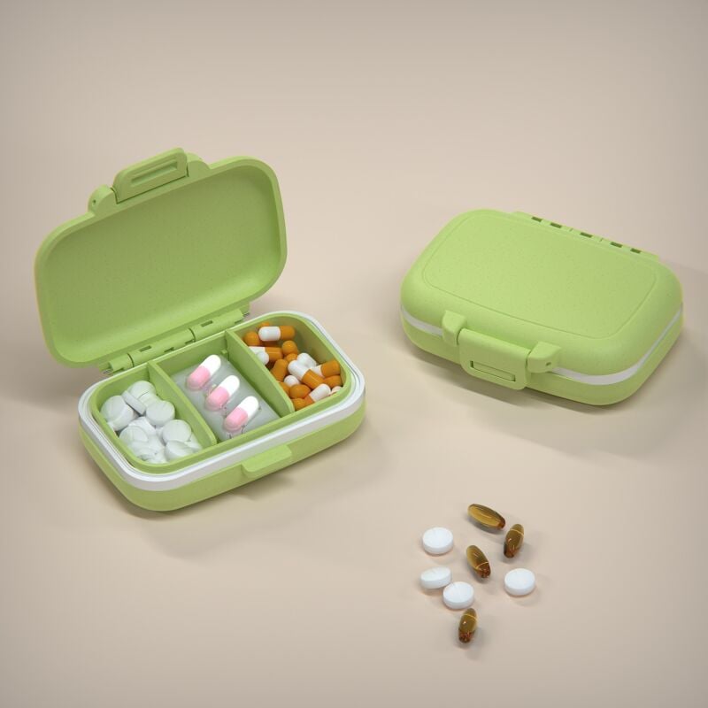 foto del prodotto linjou verde piccolo portapillole con 3 scomparti, portapillole portatile, portapillole a prova di umidit , contenitore per compresse con dispenser