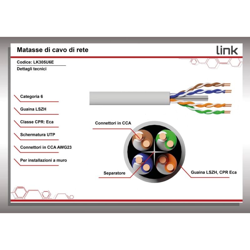 foto del prodotto link cavo solido utp per reti categoria 6 lszh awg23 materiale cca matassa mt 305 classe cpr eca