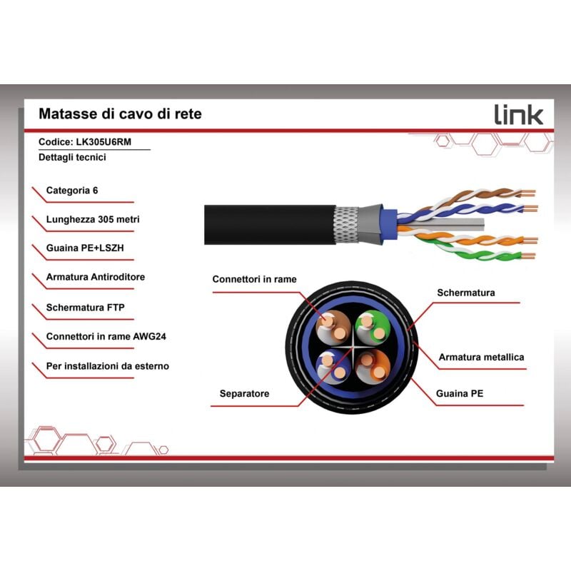 foto del prodotto link cavo solido utp per reti categoria 6 lszh pe awg24 in rame matassa mt 305 armato antiroditore