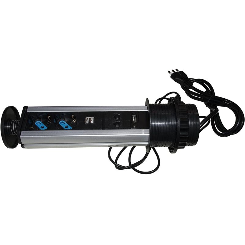 foto del prodotto link multipresa a scomparsa lkmpt03 con 2 porte alimentazione ita schuko 2 porte usb 1 rj45 1 rj11 1 hdmi femmina in metallo nero