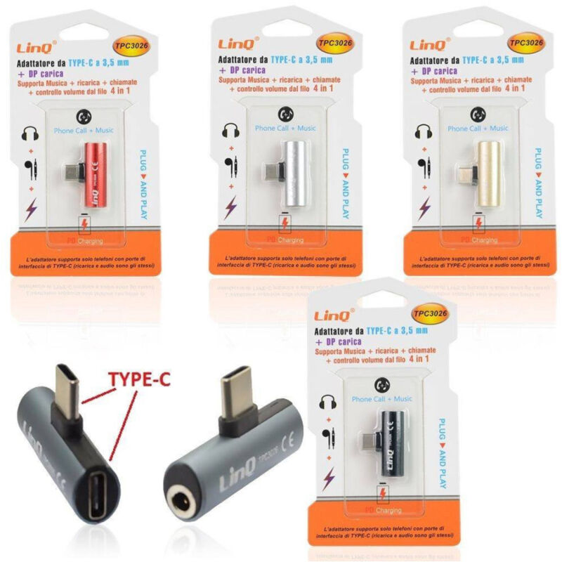 foto del prodotto linq adattatore convertitore da plug type c maschio a jack 3,5mm pd carica tpc3026 